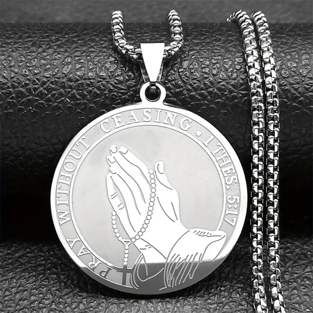 14K WG Plated Stainless Steel Praying Hands Medallion and 20* Box Chain
